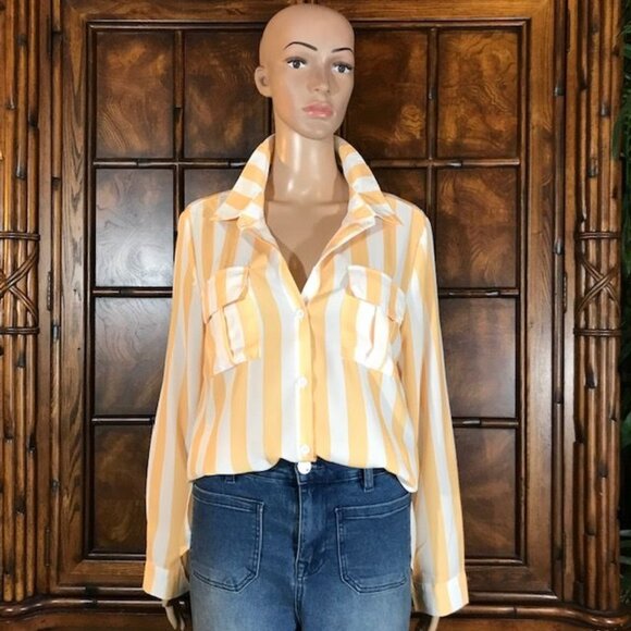 Sunshine Yellow White Stripe Pleated Pocket Button Down Shirt - Picture 1 of 16